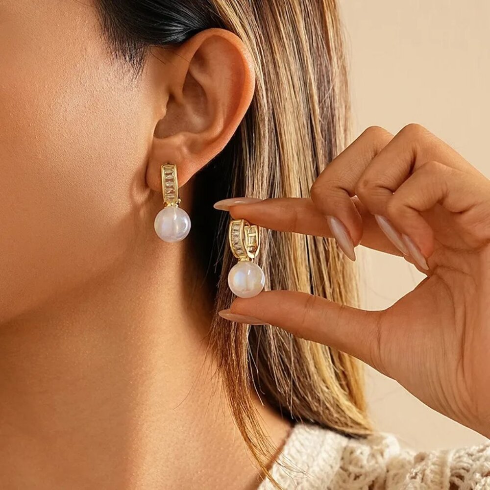 3/$35 Gold Tone Copper Pearl Drop Huggie Earrings CZCubic Zirconia Accents